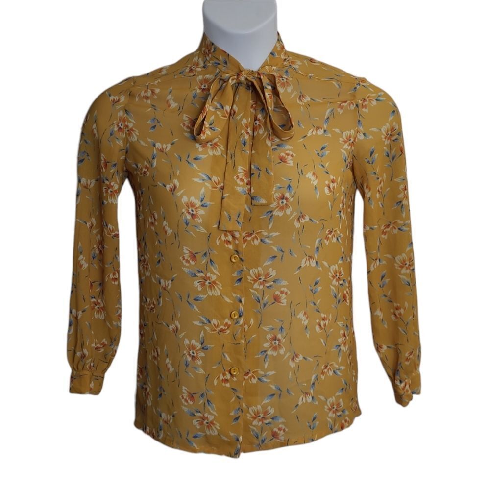 VINTAGE 70s mustard yellow floral button up tie neck secretary blouse S